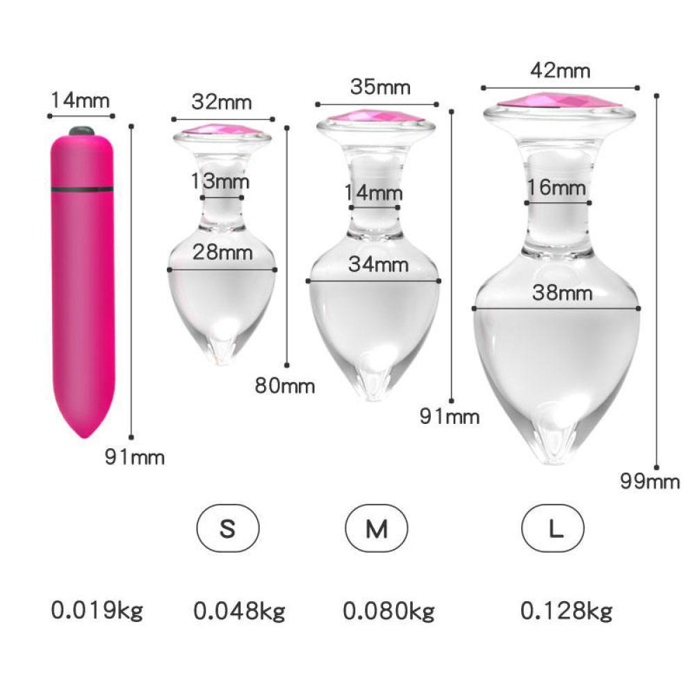 CRYSTAL CLEAR Titreşimli Pembe Mücevher Taşlı Kristal Cam Anal Plug Set