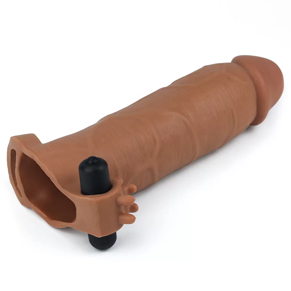 7.5 CM Dolgulu Gerçekçi Melez Doku Titreşimli Kalın Penis Kılıfı - Pleasure X-Tender