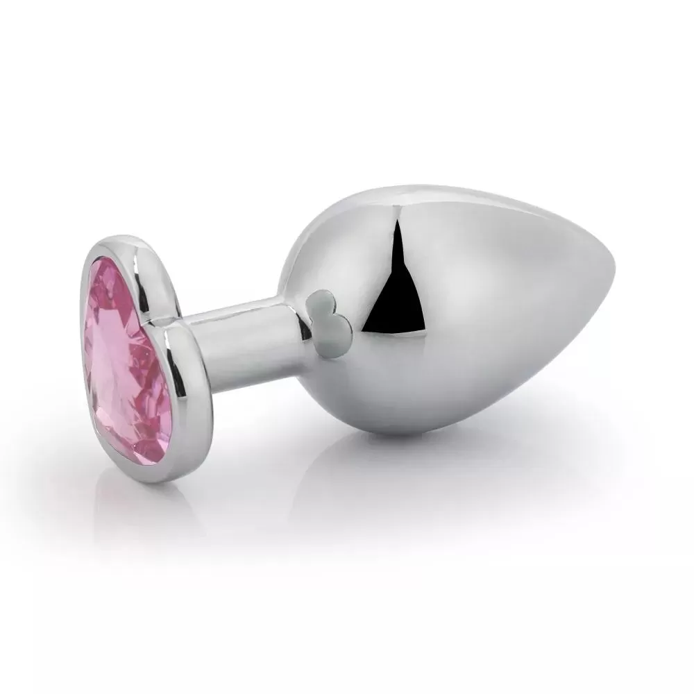 Paslanmaz Çelik Pembe Kalpli Mücevher Taşlı Pürüzsüz Silver Metal Anal Butt Plug - Küçük Boy