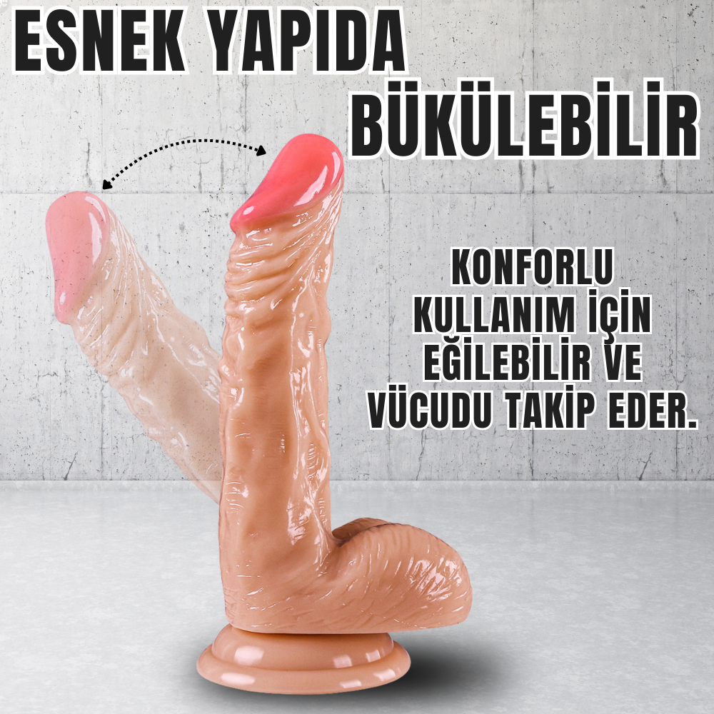 UNIQUE Realistik Dokuda Eğik ve Damarlı Dildo Vantuzlu Gerçekçi Yapay Penis 18 CM