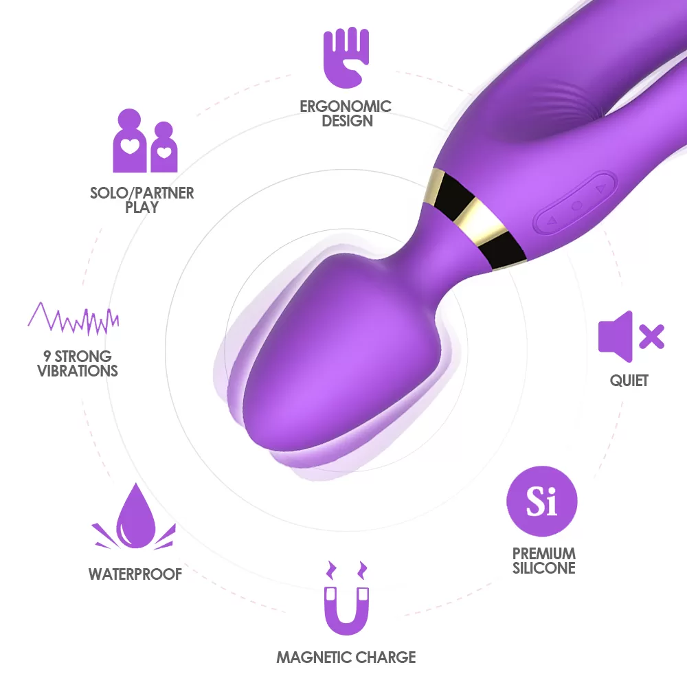 WOWYES Manyetik Şarjlı Su Geçirmez Wand Massager 3 in 1 Dildo Vibratör - Mor